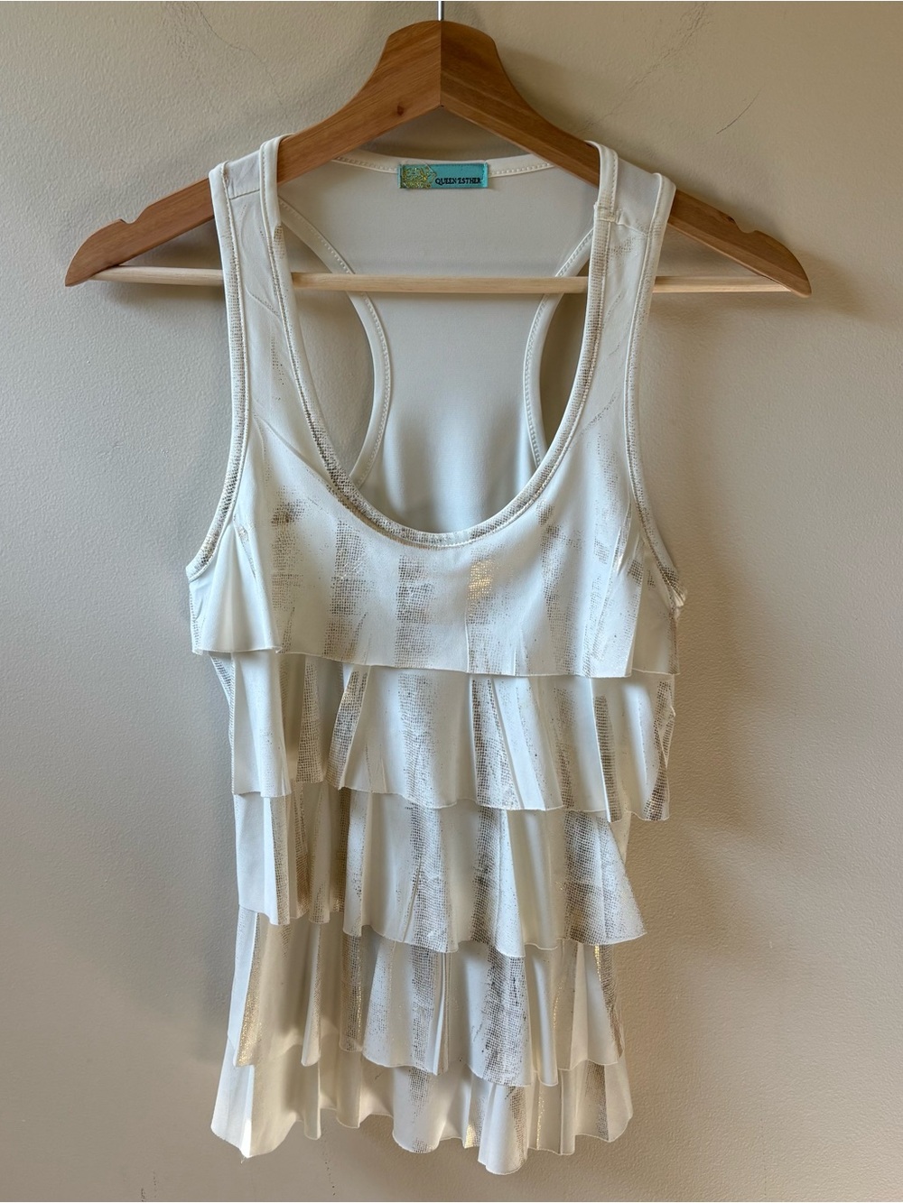 Queen Esther Y2K White Ruffled Tank with Metallic Accents